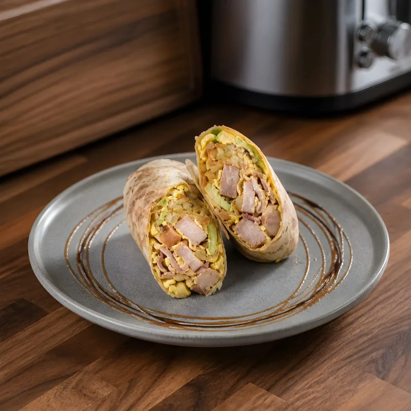 A filled wrap presented in two halves