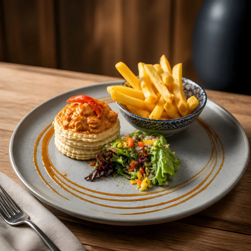 A savoury plate served with chips and salad
